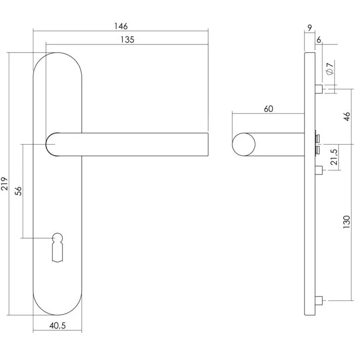 INTERSTEEL Deurkruk 1296 Recht op verdekt schild sleutelgat 56mm met nokken 7mm RVS EN1906/4 klein krukgat