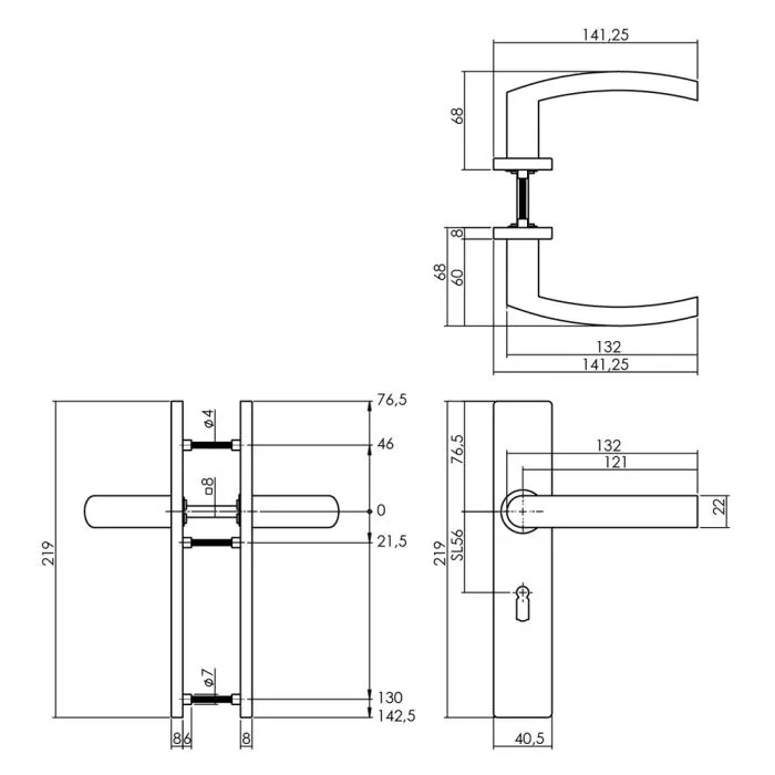 INTERSTEEL Deurkruk 1327 Blok op verdekt schild rechthoek sleutelgat 56mm met nokken 7mm RVS EN1906/4